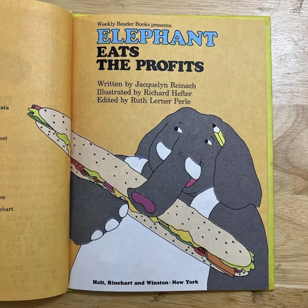 Sweet Pickles Elephant Eats the Profits Jacquelyn Reinach Hardcover Vintage 1977